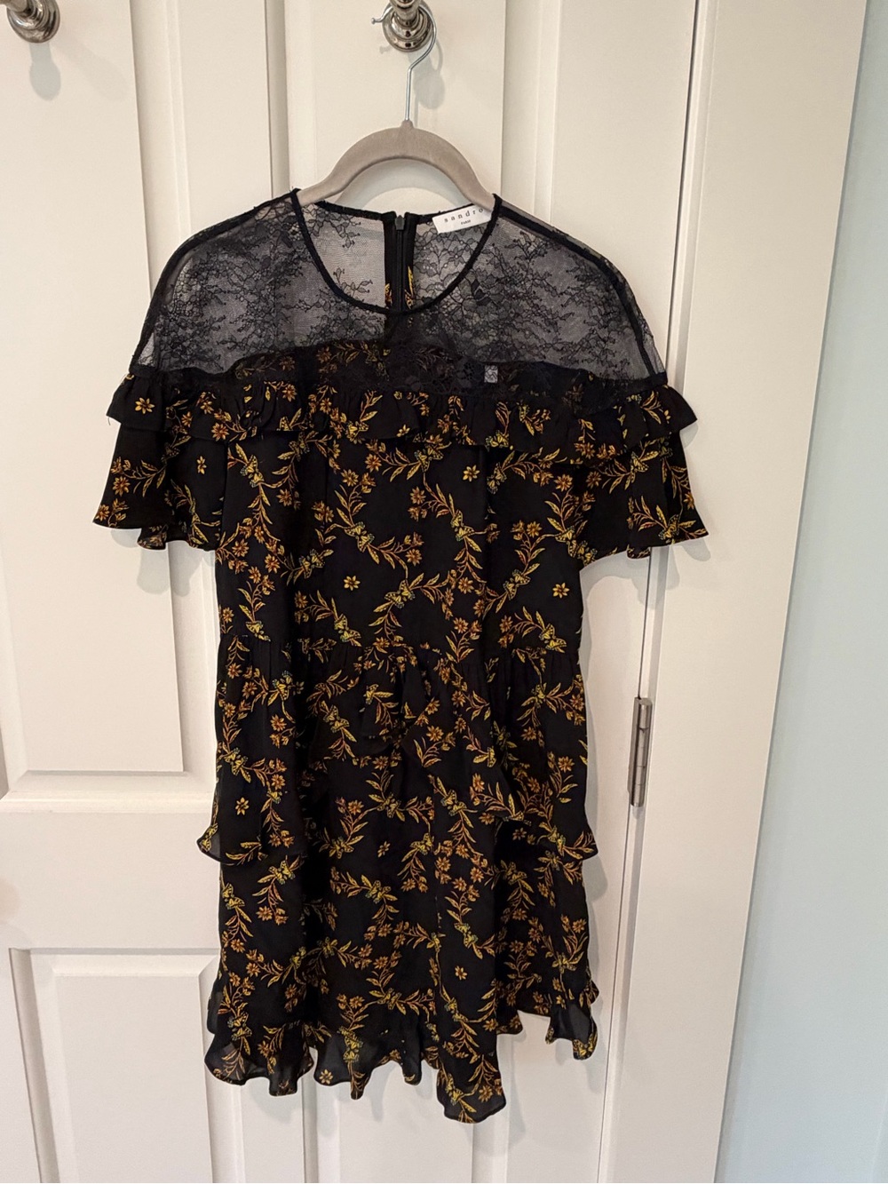 Sandro Black Dress with Gold Floral Print and Lace Yoke